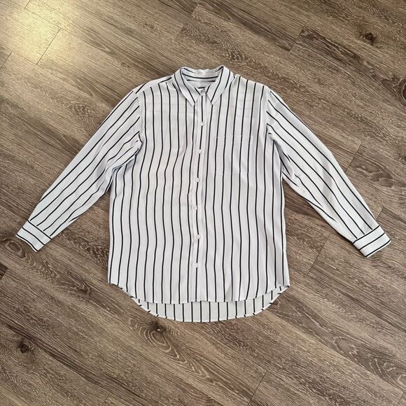 Equipment Light Blue Black Stripe Silk Button Up - Picture 1 of 9